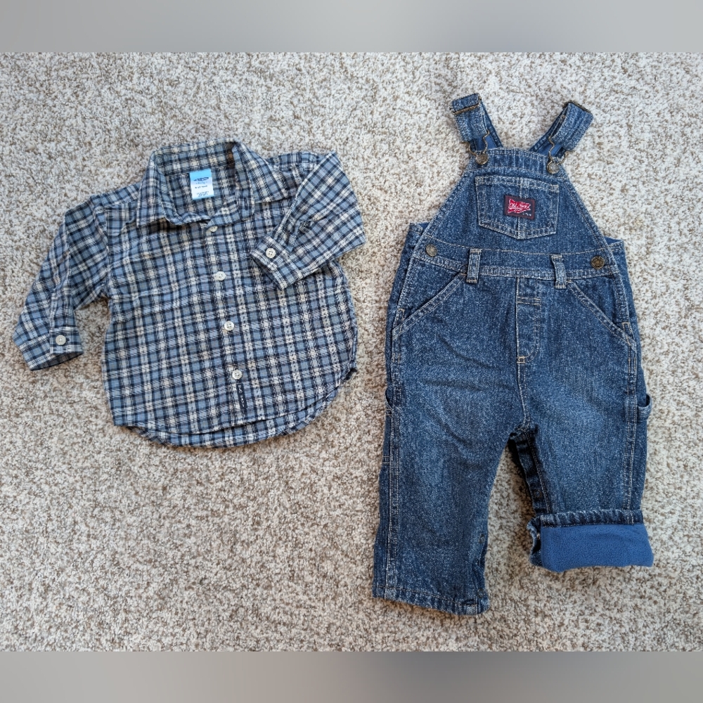 Old Navy Fleece Lined Denim Overalls & Button Down Plaid Shirt 6-12 Mon Blue